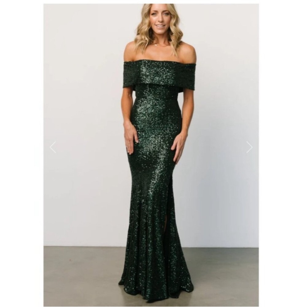 Baltic Born Yvonne Off Shoulder Sequin Gown Green